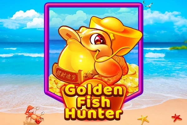 A golden lobster-like creature holding a gold ingot is shown on a pile of gold coins. The background is a tropical beach scene.
