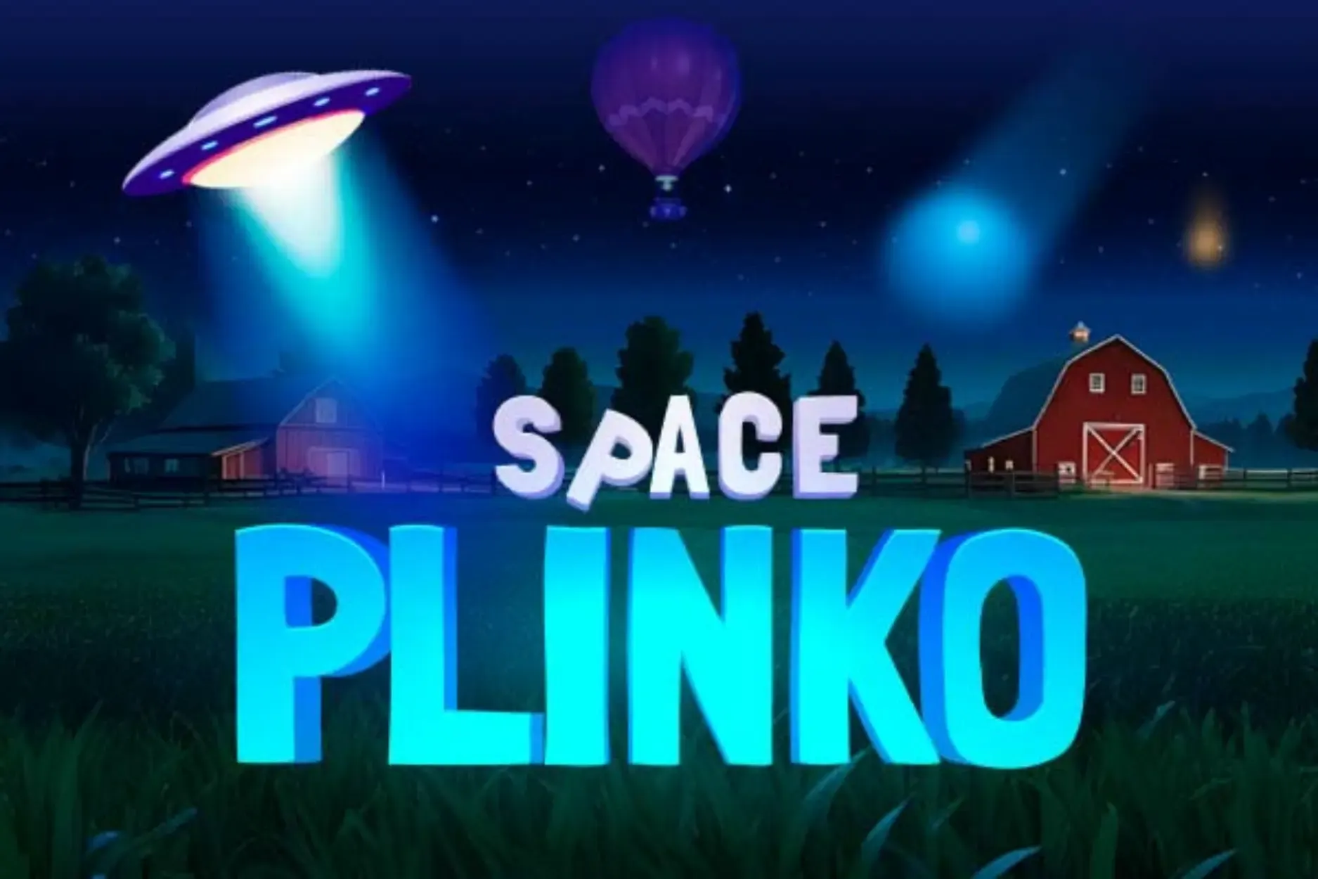 The game title 'Space Plinko' is displayed over a nighttime farm scene, with a UFO shining a beam of light from the sky.