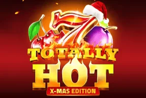 The game logo for Totally Hot X-Mas Edition is shown, featuring a lucky 7 symbol wearing a Santa hat, fruit symbols, and flames.