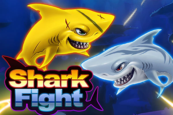 A promotional image featuring a yellow and a grey cartoon shark facing each other underwater, with the game title 'Shark Fight' below them.