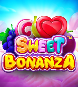 The game logo for Sweet Bonanza is surrounded by various candies and fruits, including a heart-shaped candy, a swirl lollipop, grapes, a banana, and a plum. The background is a soft-focus blend of pink and blue clouds.