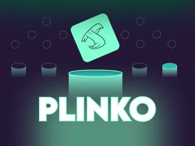 Promotional image for a Plinko game, featuring the title in large glowing letters below a tile with a toucan icon falling towards cylinders.