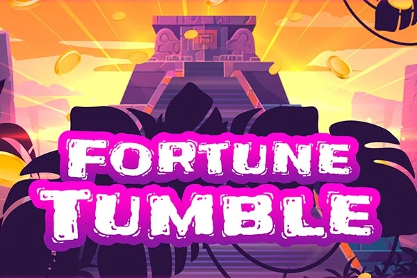 The title 'Fortune Tumble' is displayed in large, stylized pink and white letters over an illustrated background of a jungle temple at sunset with coins falling.