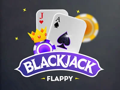 The logo for a game called Blackjack Flappy, featuring an Ace of Spades and a Jack of Hearts, along with casino chips and a crown.