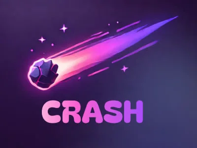 A stylized illustration of a meteor with a glowing purple and pink tail flying through space, above the word 'CRASH' in a matching color gradient.