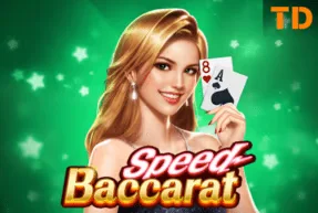 A woman with blonde hair holds an ace and an eight playing card on a green starry background, with the game title 'Speed Baccarat' at the bottom.