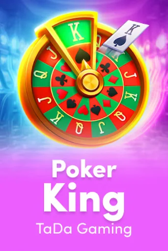 A promotional image for the game Poker King, featuring a spinning wheel with playing card suits and ranks, and a King of Spades card.