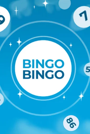 The logo for a game titled 'Bingo Bingo' is displayed centrally on a blue background with sparkles and floating, numbered bingo balls.