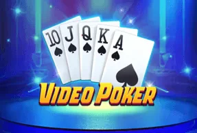 A royal flush hand of spades (10, J, Q, K, A) is displayed above the title 'Video Poker' on a blue and purple stage.