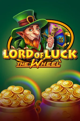 A leprechaun holds a bonus wheel above the game title, with two pots of gold coins and a rainbow below.