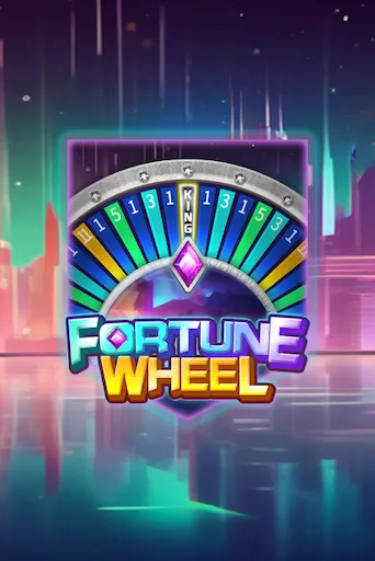A game tile for a title called Fortune Wheel, featuring a colorful prize wheel against a futuristic, neon city background.
